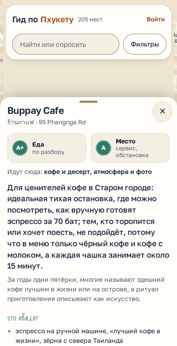 Карточка кофейни в гиде: оценка еды A+, места A и вердикт словами